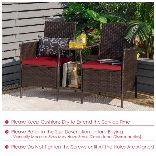 Patiojoy Patio Loveseat 2 Person Cushioned Seats With Center Table Outdoor Rattan Furniture Set Turquoise/ Red