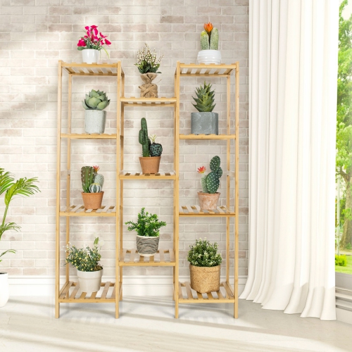Topbuy 11 Tiers Bamboo Plant Stand for Indoor Plants Multiple Utility Shelf Free Standing Storage Rack Pot Holder