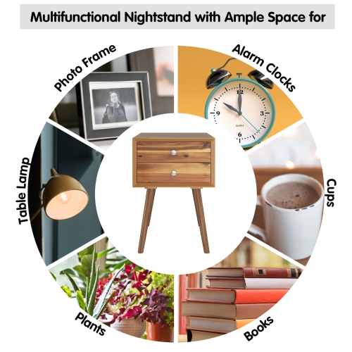 Topbuy Wooden Nightstand with 2 Storage Drawers Accent End Side Table for Bedroom&Living room