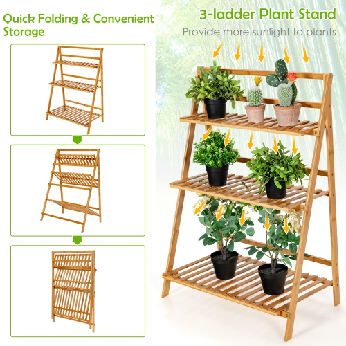 Topbuy 3 Tier Folding Storage Shelf Bamboo Ladder Plant Stand Flower Pot Display Shelf Rack Natural for Indoor&Outdoor