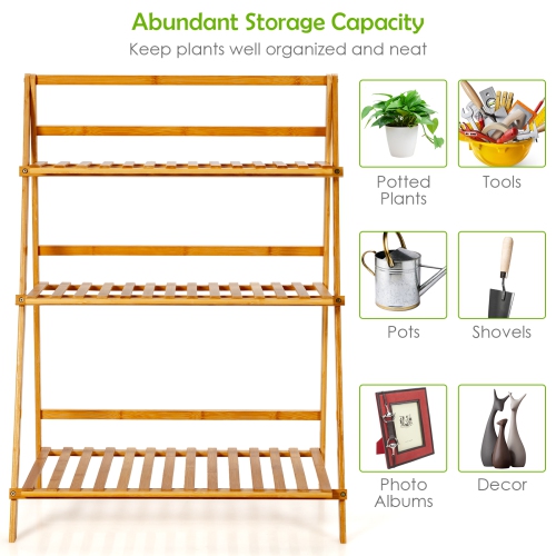 Topbuy 3 Tier Folding Storage Shelf Bamboo Ladder Plant Stand Flower Pot Display Shelf Rack Natural for Indoor&Outdoor