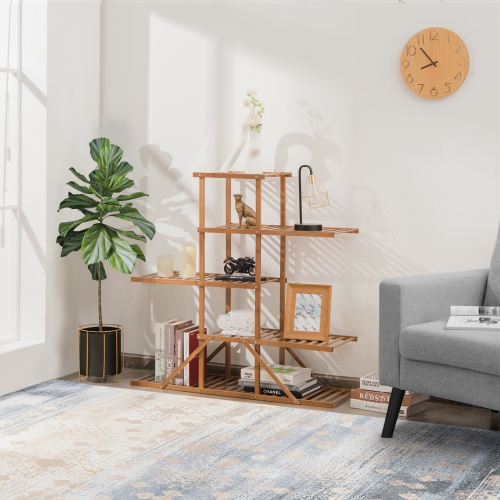 TopBuy – Support à plante en bambou 5 Tiers pour plantes d’intérieur, plusieurs tablettes utilitaires, support à pot de rangement autonome