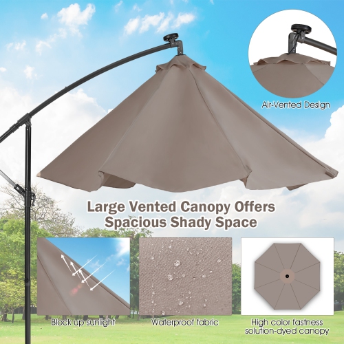 Patiojoy 10FT Patio Umbrella with 32 LED Lights Solar Powered Pool Umbrellas 8 Ribs Cantilever Offset Umbrella for Outdoor Beige/Coffee/Blue/Navy/Wine