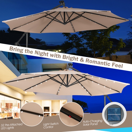 Patiojoy 10FT Patio Umbrella with 32 LED Lights Solar Powered Pool Umbrellas 8 Ribs Cantilever Offset Umbrella for Outdoor Beige/Coffee/Blue/Navy/Wine