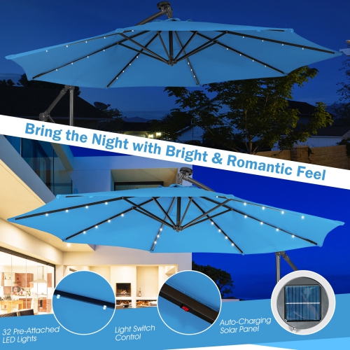 Patiojoy 10FT Patio Umbrella with 32 LED Lights Solar Powered Pool Umbrellas 8 Ribs Cantilever Offset Umbrella for Outdoor Beige/Coffee/Blue/Navy/Wine