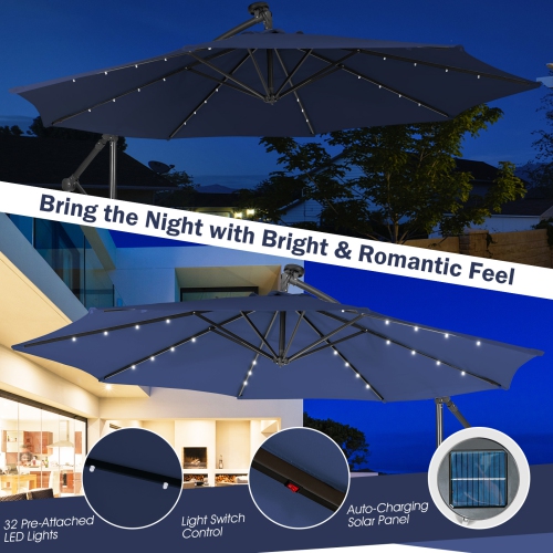 Patiojoy 10FT Patio Umbrella with 32 LED Lights Solar Powered Pool Umbrellas 8 Ribs Cantilever Offset Umbrella for Outdoor Beige/Coffee/Blue/Navy/Wine