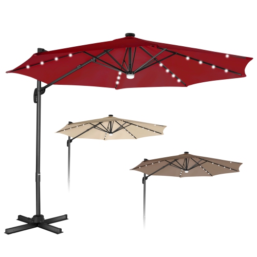 TOPBUY  Patiojoy 10 Ft Aluminum Pole Patio Umbrella Cantilever Umbrella W/ 8 Ribs Heavy Duty Base 28 Led Lights & Hub Light Beige/coffee/wine