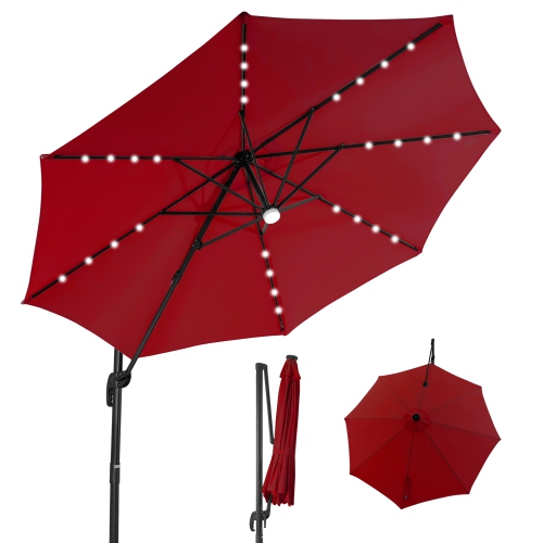 Patiojoy 10 ft Aluminum Pole Patio Umbrella Cantilever Umbrella w/ 8 Ribs Heavy Duty Base 28 LED Lights & Hub Light Beige/Coffee/Wine