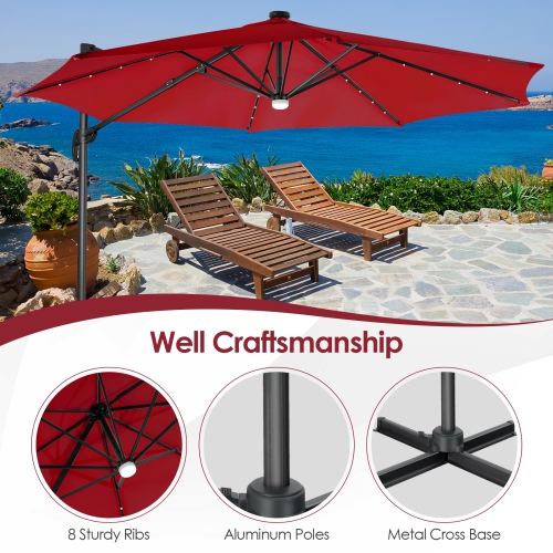Patiojoy 10 ft Aluminum Pole Patio Umbrella Cantilever Umbrella w/ 8 Ribs Heavy Duty Base 28 LED Lights & Hub Light Beige/Coffee/Wine