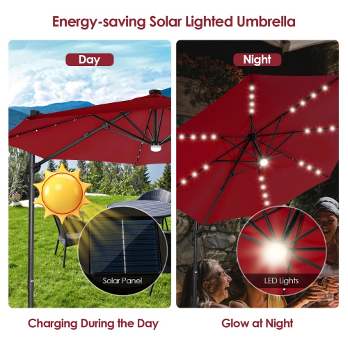 Patiojoy 10 ft Aluminum Pole Patio Umbrella Cantilever Umbrella w/ 8 Ribs Heavy Duty Base 28 LED Lights & Hub Light Beige/Coffee/Wine