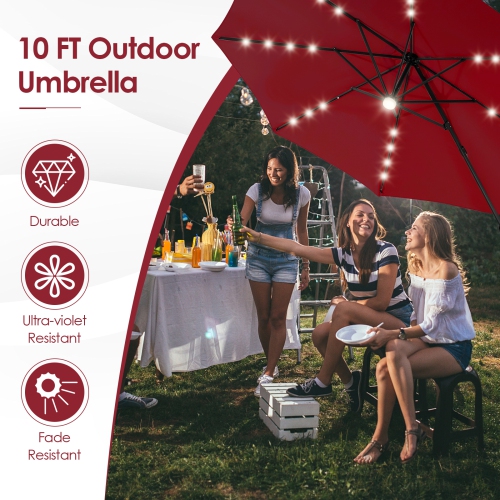 Patiojoy 10 ft Aluminum Pole Patio Umbrella Cantilever Umbrella w/ 8 Ribs Heavy Duty Base 28 LED Lights & Hub Light Beige/Coffee/Wine