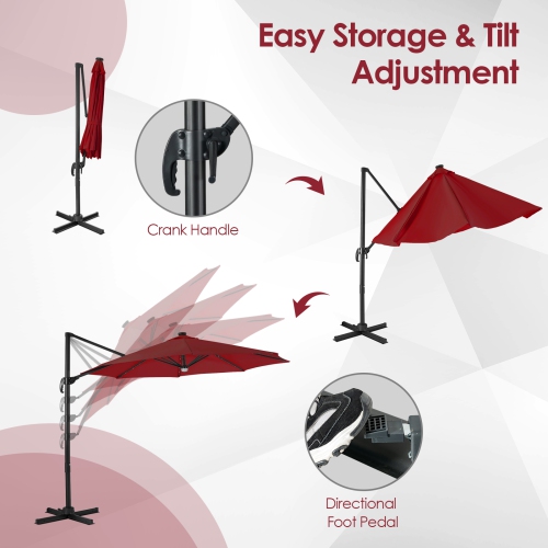 Patiojoy 10 ft Aluminum Pole Patio Umbrella Cantilever Umbrella w/ 8 Ribs Heavy Duty Base 28 LED Lights & Hub Light Beige/Coffee/Wine