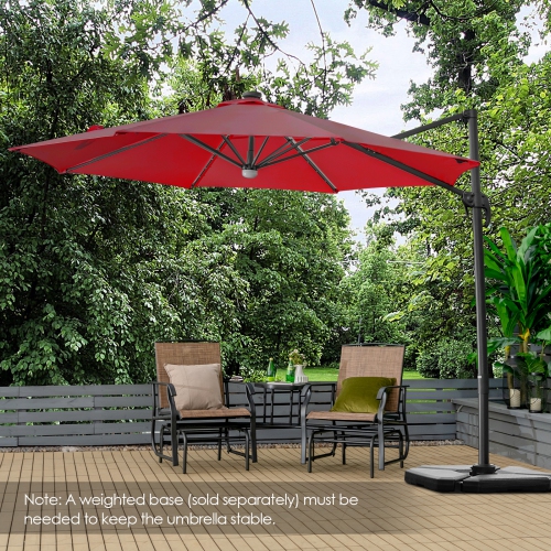 Patiojoy 10 ft Aluminum Pole Patio Umbrella Cantilever Umbrella w/ 8 Ribs Heavy Duty Base 28 LED Lights & Hub Light Beige/Coffee/Wine