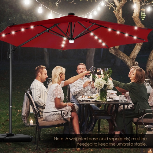 Patiojoy 10 ft Aluminum Pole Patio Umbrella Cantilever Umbrella w/ 8 Ribs Heavy Duty Base 28 LED Lights & Hub Light Beige/Coffee/Wine