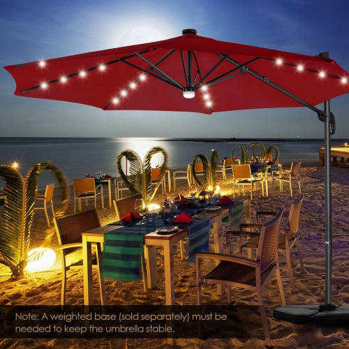 Patiojoy 10 ft Aluminum Pole Patio Umbrella Cantilever Umbrella w/ 8 Ribs Heavy Duty Base 28 LED Lights & Hub Light Beige/Coffee/Wine