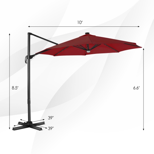 Patiojoy 10 ft Aluminum Pole Patio Umbrella Cantilever Umbrella w/ 8 Ribs Heavy Duty Base 28 LED Lights & Hub Light Beige/Coffee/Wine