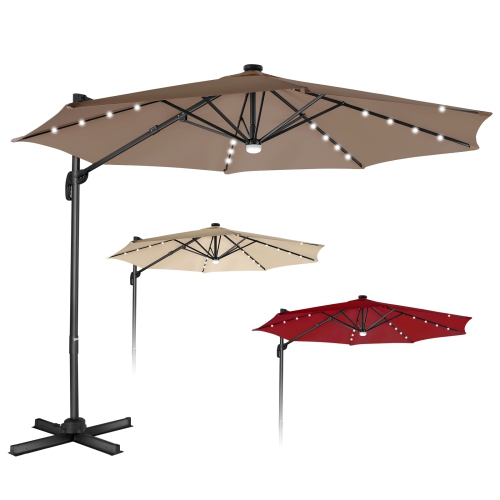 TOPBUY  Patiojoy 10 Ft Aluminum Pole Patio Umbrella Cantilever Umbrella W/ 8 Ribs Heavy Duty Base 28 Led Lights & Hub Light Beige/coffee/wine