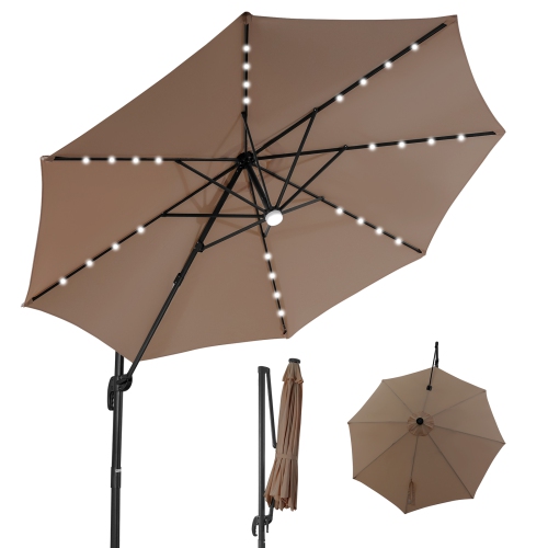 Patiojoy 10 ft Aluminum Pole Patio Umbrella Cantilever Umbrella w/ 8 Ribs Heavy Duty Base 28 LED Lights & Hub Light Beige/Coffee/Wine