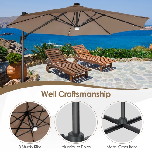 Patiojoy 10 ft Aluminum Pole Patio Umbrella Cantilever Umbrella w/ 8 Ribs Heavy Duty Base 28 LED Lights & Hub Light Beige/Coffee/Wine