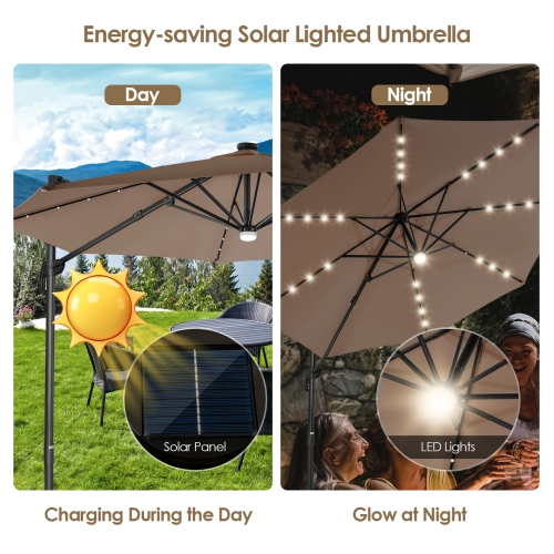 Patiojoy 10 ft Aluminum Pole Patio Umbrella Cantilever Umbrella w/ 8 Ribs Heavy Duty Base 28 LED Lights & Hub Light Beige/Coffee/Wine