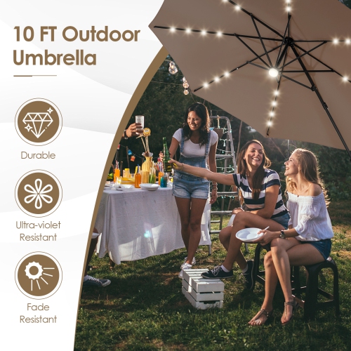 Patiojoy 10 ft Aluminum Pole Patio Umbrella Cantilever Umbrella w/ 8 Ribs Heavy Duty Base 28 LED Lights & Hub Light Beige/Coffee/Wine