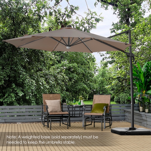 Patiojoy 10 ft Aluminum Pole Patio Umbrella Cantilever Umbrella w/ 8 Ribs Heavy Duty Base 28 LED Lights & Hub Light Beige/Coffee/Wine