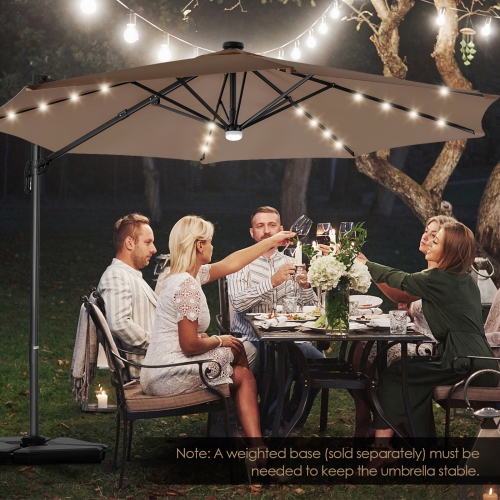 Patiojoy 10 ft Aluminum Pole Patio Umbrella Cantilever Umbrella w/ 8 Ribs Heavy Duty Base 28 LED Lights & Hub Light Beige/Coffee/Wine