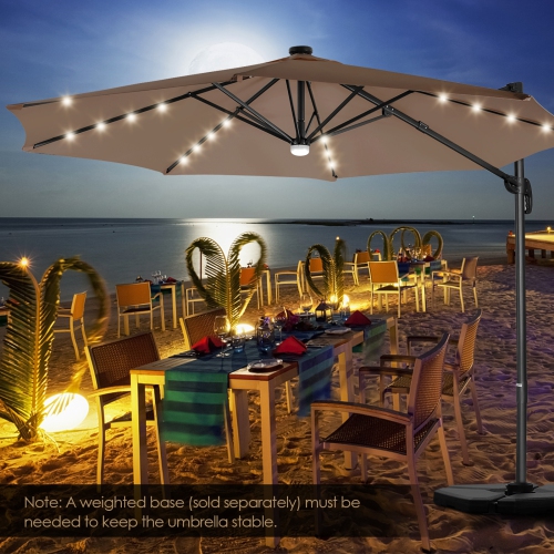 Patiojoy 10 ft Aluminum Pole Patio Umbrella Cantilever Umbrella w/ 8 Ribs Heavy Duty Base 28 LED Lights & Hub Light Beige/Coffee/Wine