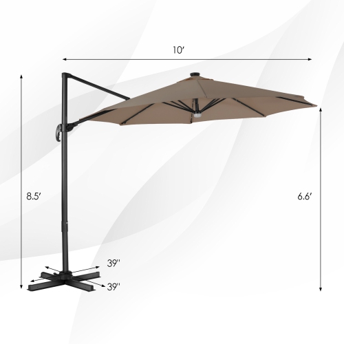Patiojoy 10 ft Aluminum Pole Patio Umbrella Cantilever Umbrella w/ 8 Ribs Heavy Duty Base 28 LED Lights & Hub Light Beige/Coffee/Wine