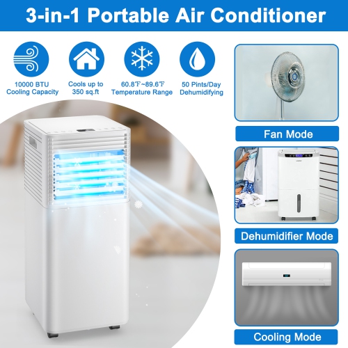 Costway 10000 BTU Portable Air Conditioner 3-in-1 Air Cooler w/Dehumidifier & Fan Mode