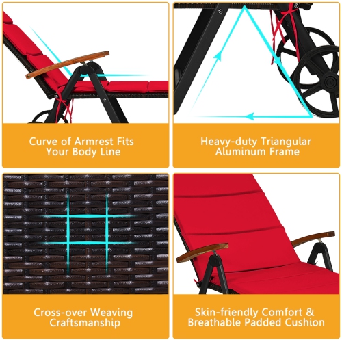 Patiojoy Foldable Beach Sling Chair with 7 Adjustable Positions&Cushion Indoor Living Room Chaise Lounge Red