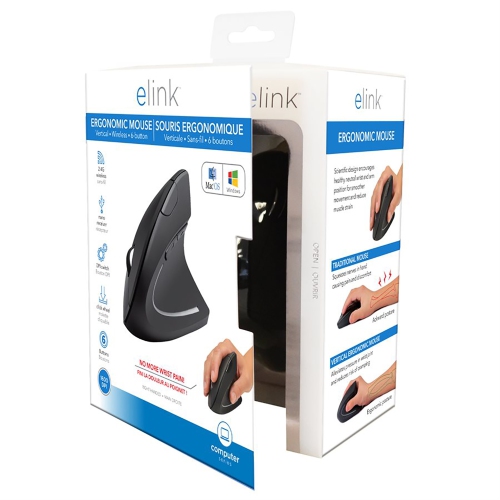 Elink - Ergonomic Vertical Wireless Mouse with 6 Buttons, Adjustable DPI, Black