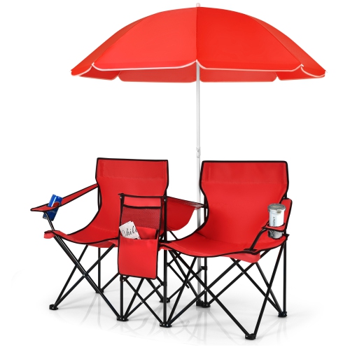 Chaise de pique-nique pliable portative double avec parasol et mini table chaise de camping extérieur Topbuy gris plage/noir/turquoise