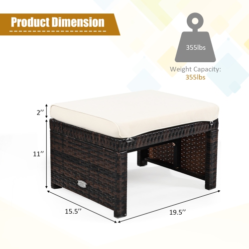 Patiojoy 2 PCS Outdoor Wicker Ottoman Patio Rattan Furniture Metal Footrest Seat Square Footstool with Cushion