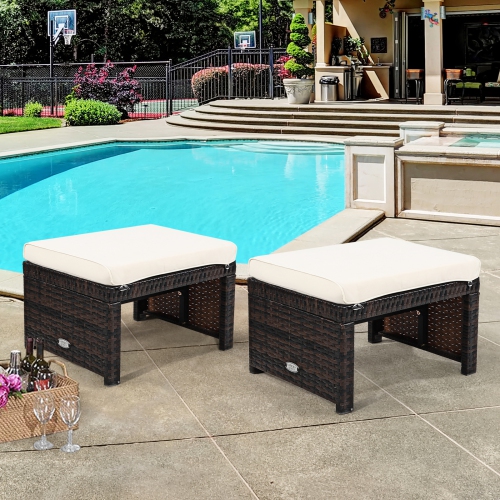 Patiojoy 2 PCS Outdoor Wicker Ottoman Patio Rattan Furniture Metal Footrest Seat Square Footstool with Cushion