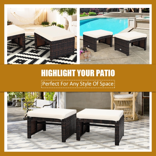 Patiojoy 2 PCS Outdoor Wicker Ottoman Patio Rattan Furniture Metal Footrest Seat Square Footstool with Cushion