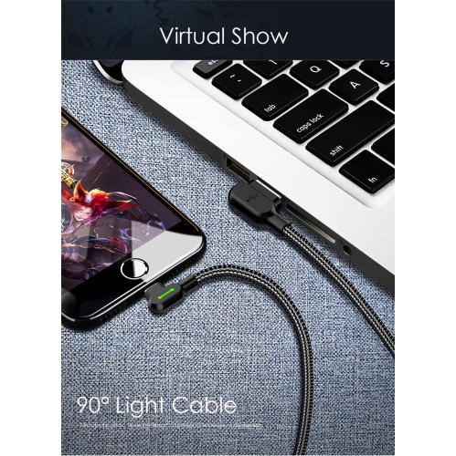 PD USB to Lightning Super Fast Charging Cable USB 90 Degree Right Angle Design Gaming LED Nylon Braided Sync USB Reversible Data Cable for