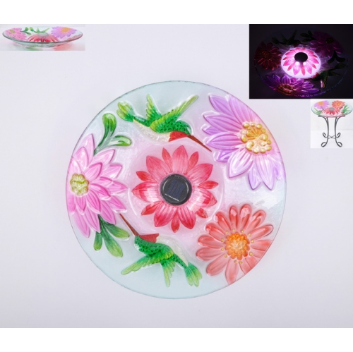 Hi-Line Gift Ltd Solar Floral Glass Hummingbird Bath with Stand