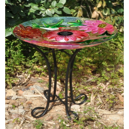 Hi-Line Gift Ltd Solar Floral Glass Hummingbird Bath with Stand