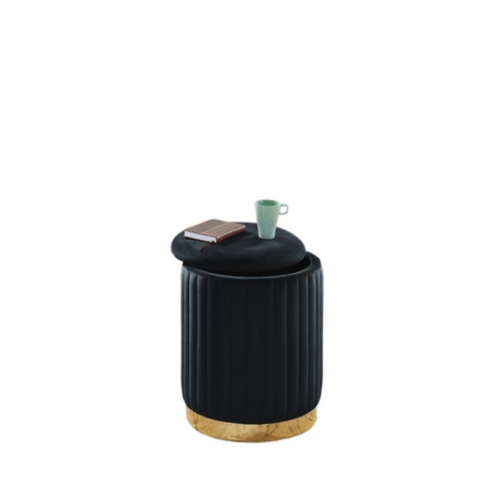 Hi-Line Gift Ltd Black Velvet Channel-Tufted Round Storage Ottoman with Gold Base