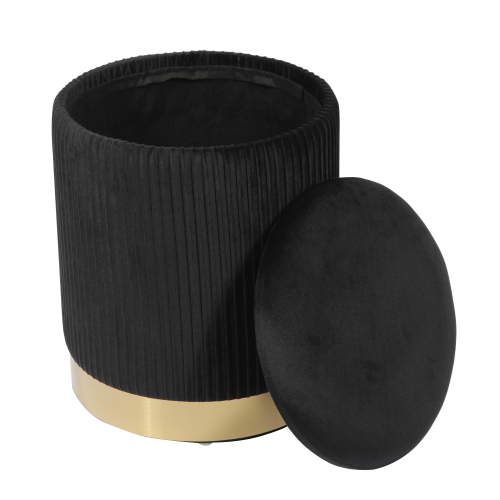 Hi-Line Gift Ltd Black Velvet Channel-Tufted Round Storage Ottoman with Gold Base