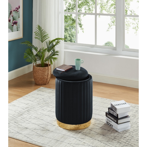Hi-Line Gift Ltd Black Velvet Channel-Tufted Round Storage Ottoman with Gold Base