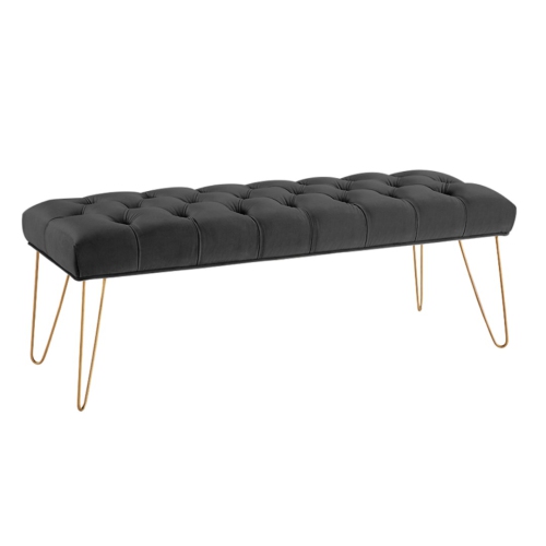 Hi-Line Gift Ltd Velvet Button-Tufted Bench with Gold-Capped Legs in Black