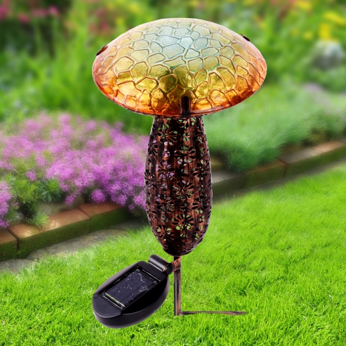 Hi-Line Gift Ltd Metal And Glass Solar Mushroom Stake with LED - Yellow