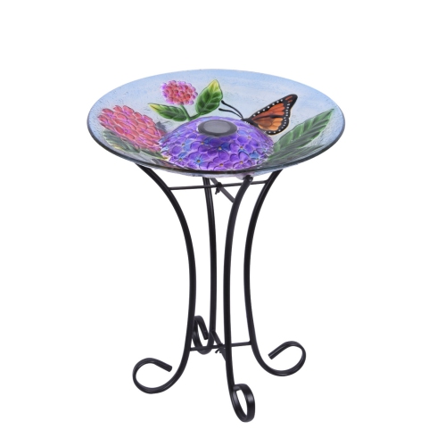 Hi-Line Gift Ltd Solar LED Floral Glass Butterfly Bird Bath with Stand