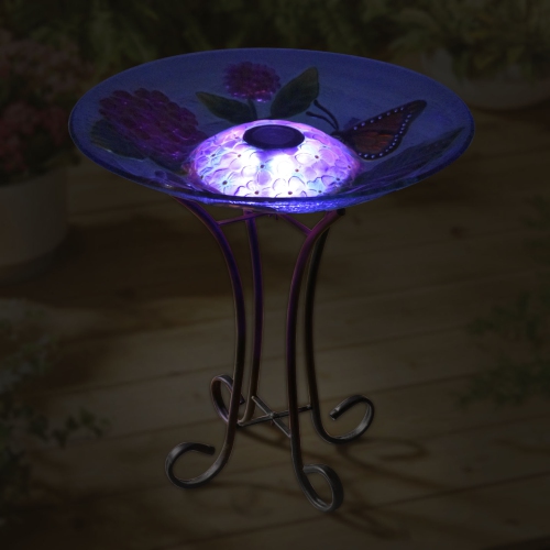 Hi-Line Gift Ltd Solar LED Floral Glass Butterfly Bird Bath with Stand