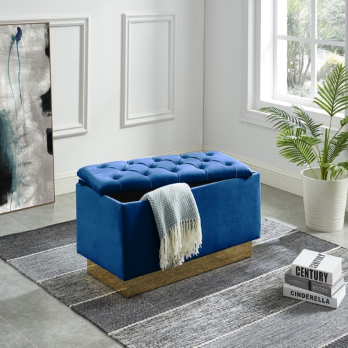 Hi-Line Gift Ltd Navy Blue Button-Tufted Storage Ottoman with Gold Base