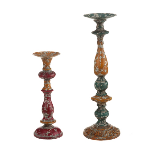 Pack of 2 Distressed Colorful Metal Decorative Pillar Candle Holders 27"