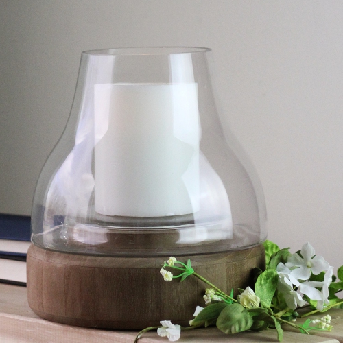 10.25" Transparent Glass Pillar Candle Holder with Wooden Base