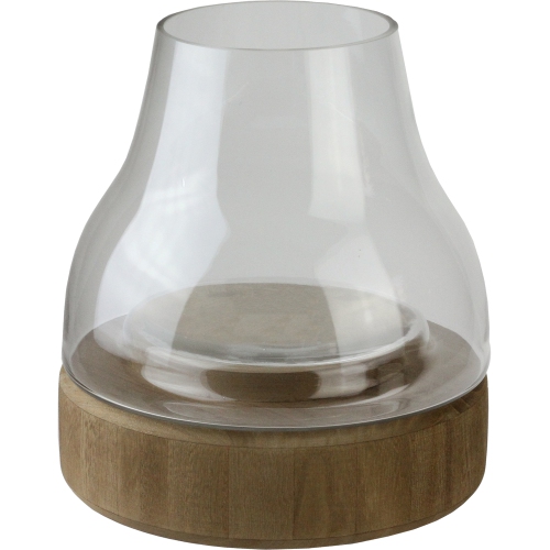 10.25" Transparent Glass Pillar Candle Holder with Wooden Base